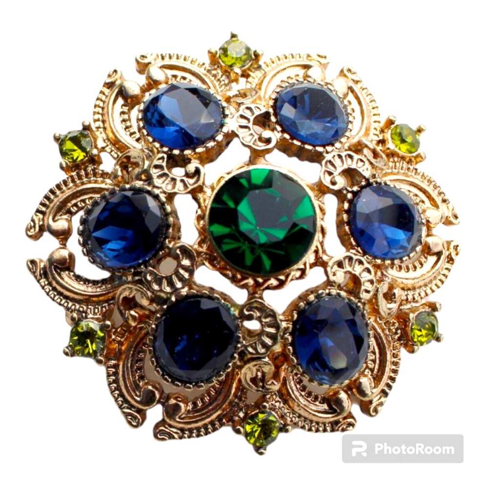 Vintage Squire Blue and Green rhinestone and Gold Tone pin brooch 1960’s